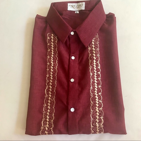 Maroon Embroidered Polo Barong Tagalog made of Hugo - Picture 7 of 9